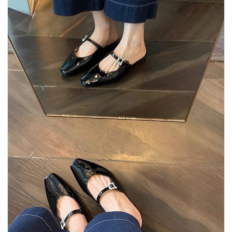 Grape Mother, the Same 2025 Summer French Square Head Diamond Buckle with Low Heel Muller Bag Head Half Slippers Women's Outer Wear