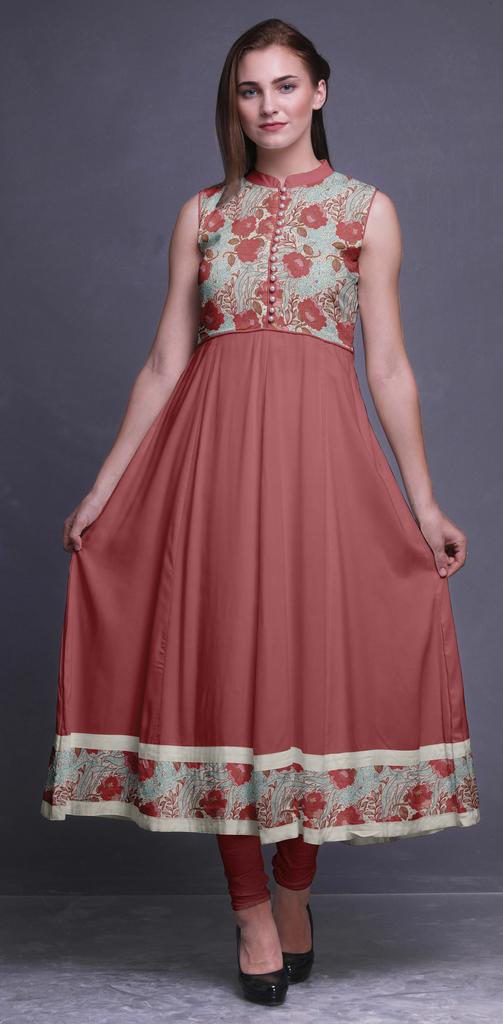 Bimba Aquamarine Green Damask Printed Women Designer Mandarin Collar Anarkali Dress Indian Ethnic Kurta