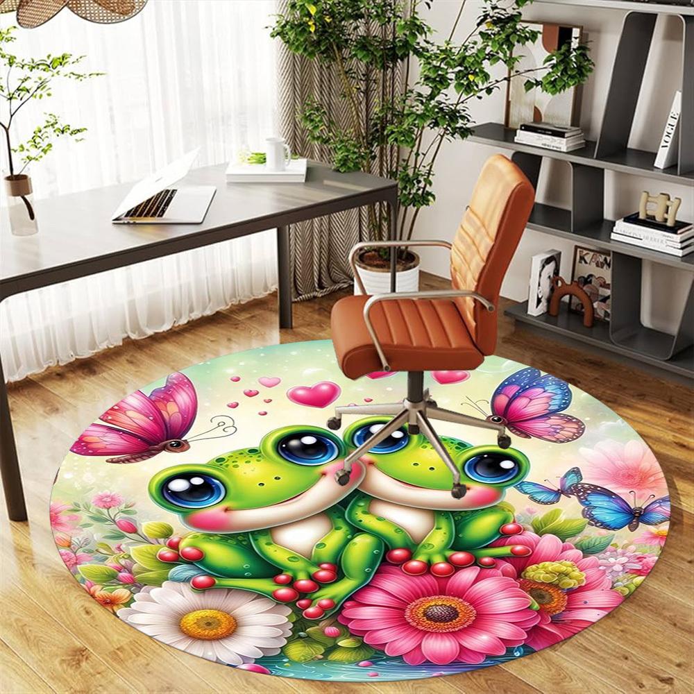 1PC Frogs Butterflies Flowers Round Chair Mat Area Rug - Non-Slip, Floor Mat for Office, Bedroom, Home Decor Christmas Gift C0528017