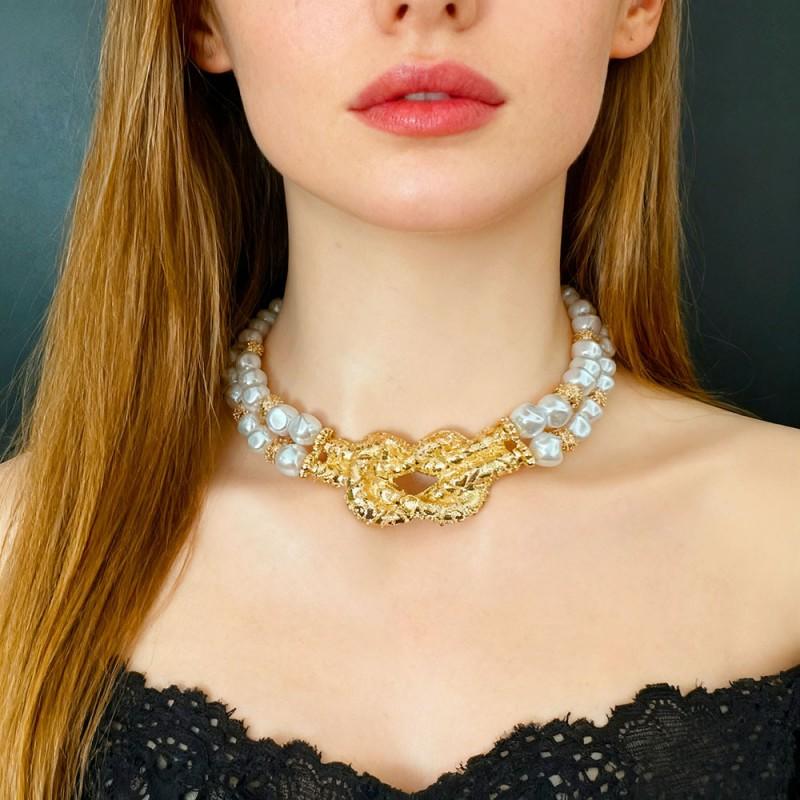 Baroque Pearl Necklace Set With Ear Studs Handmade Alloy Chain Irregular Geometric Design Lightweight Luxury Choker Women