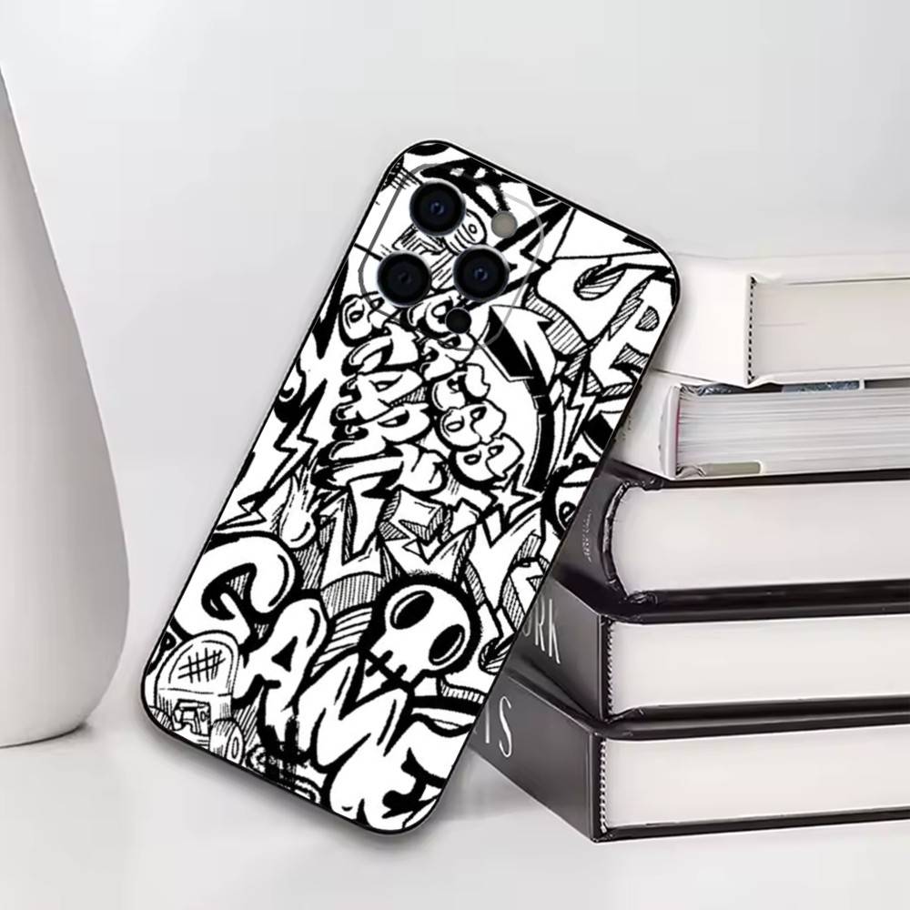 

Black White Graffiti Art Phone Case For iPhone17,16,15,14,13,12,11 Plus,Pro Soft Silicone Black Cover iPhone17air
