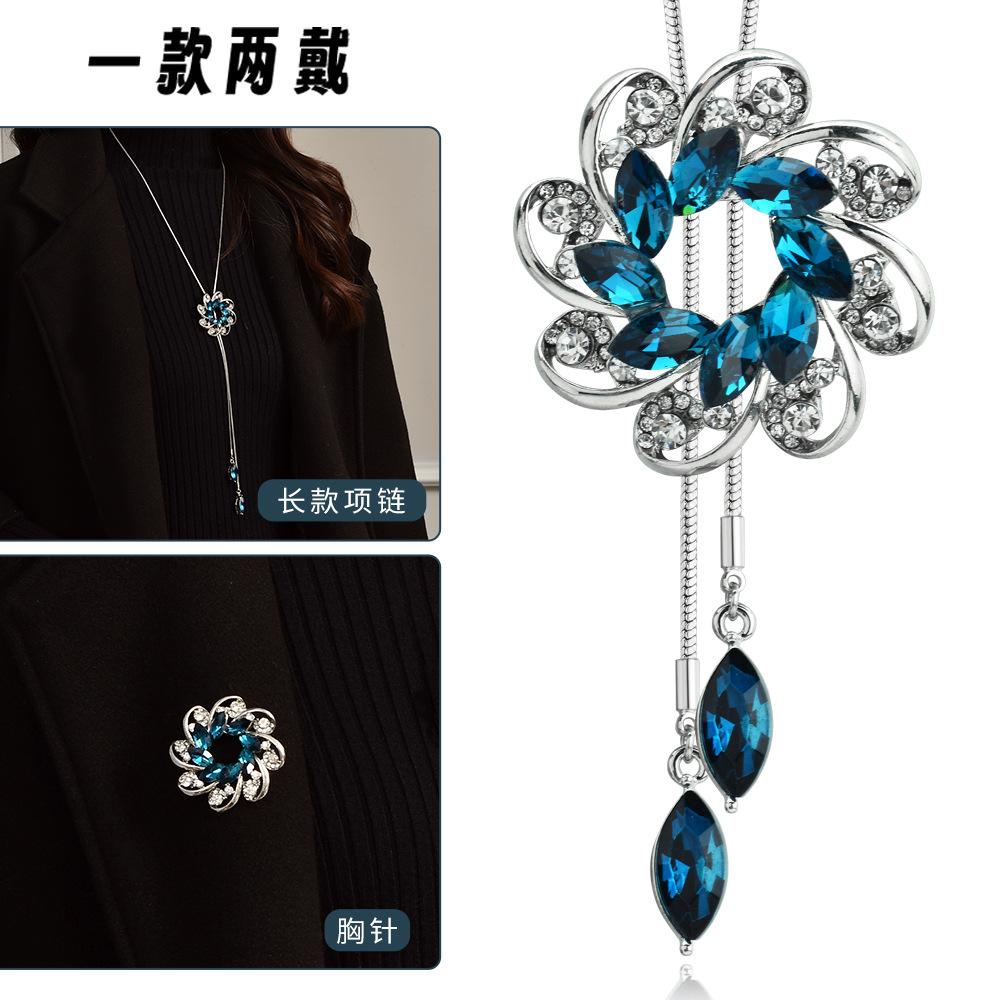 Suijue Pearl Sweater Chain Two Wear Crystal Flower Long Necklace Titanium Steel National Style Two Wear Function