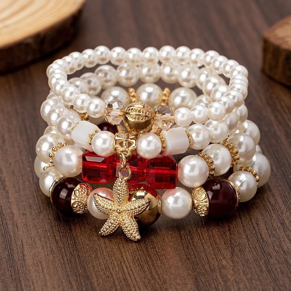 4pcs/set Ethnic Style Simulated Pearl Bracelets Adjustable Multilayer Hand Chain For Women