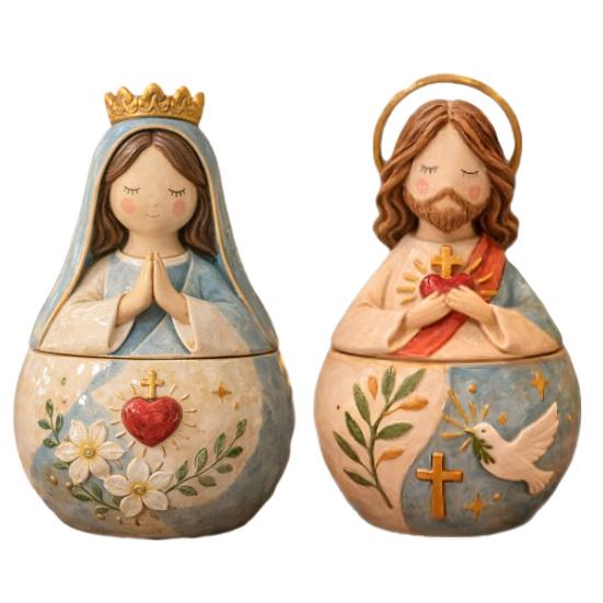 Mini Prayer Figure Jewelry Box Resin Handmade Mary Virgin Jesus Praying Christian Keepsake Box Catholic Gift for Men Women