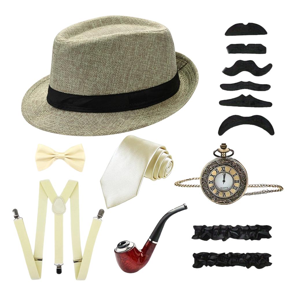 1920s Vintage Men Accessories Set Fedora Hat Suspenders Bow Tie Pocket Watch Smoking Pipe Mustache Stickers for Party Costume