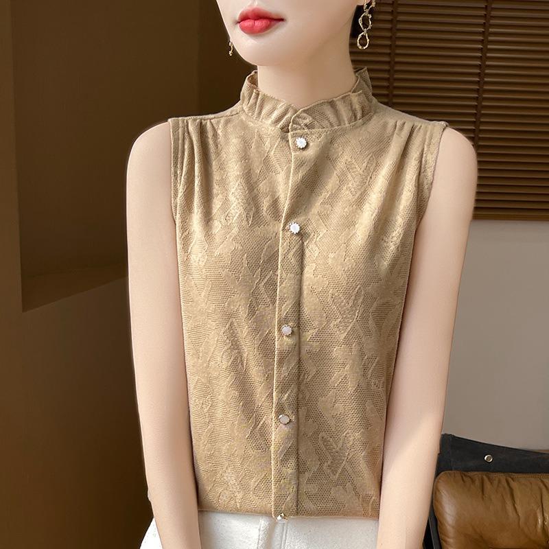 Women's Spring and Autumn New Retro Style Half-high Round Neck Wooden Ear Edge Jacquard Hollow Loose Sleeveless Vests