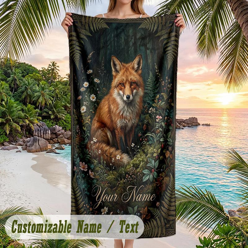 Fox Flowers Poster Theme Quick Dry Beach Towel Custom Name Text Print Large Sand Resistant Towel Beach Vacation