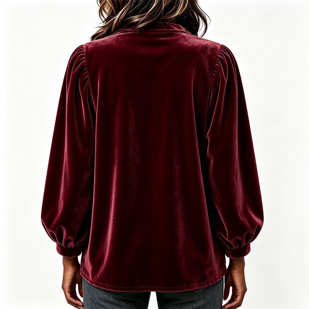 Women's Velvet Pullover Top with V-Neck and Ruffle