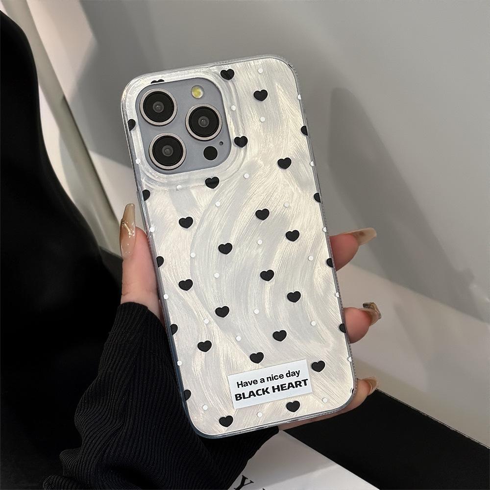 Simple Temperament Mobile Phone Case Apple 15pro Max Korean Ins Black Love Stand Iphone13 Suitable for 14 Hard 16