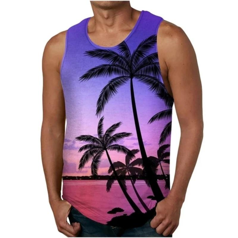 3D Printed Color Gradient Sunset Men's Vest with Plant Pattern T-shirt, Summer Loose Vacation Street Sports Top, Round Neck Vest