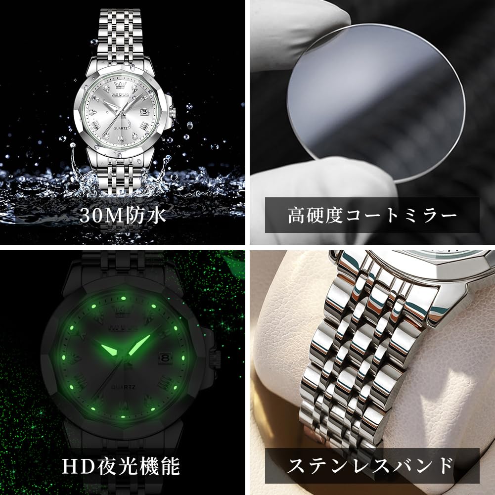 OLEVS Quartz Watch with Stainless Date Fragrance White Women's Scent, Lightweight, Steel, Display, Diamonds, Waterproof, Luminous, Gift, Watch,