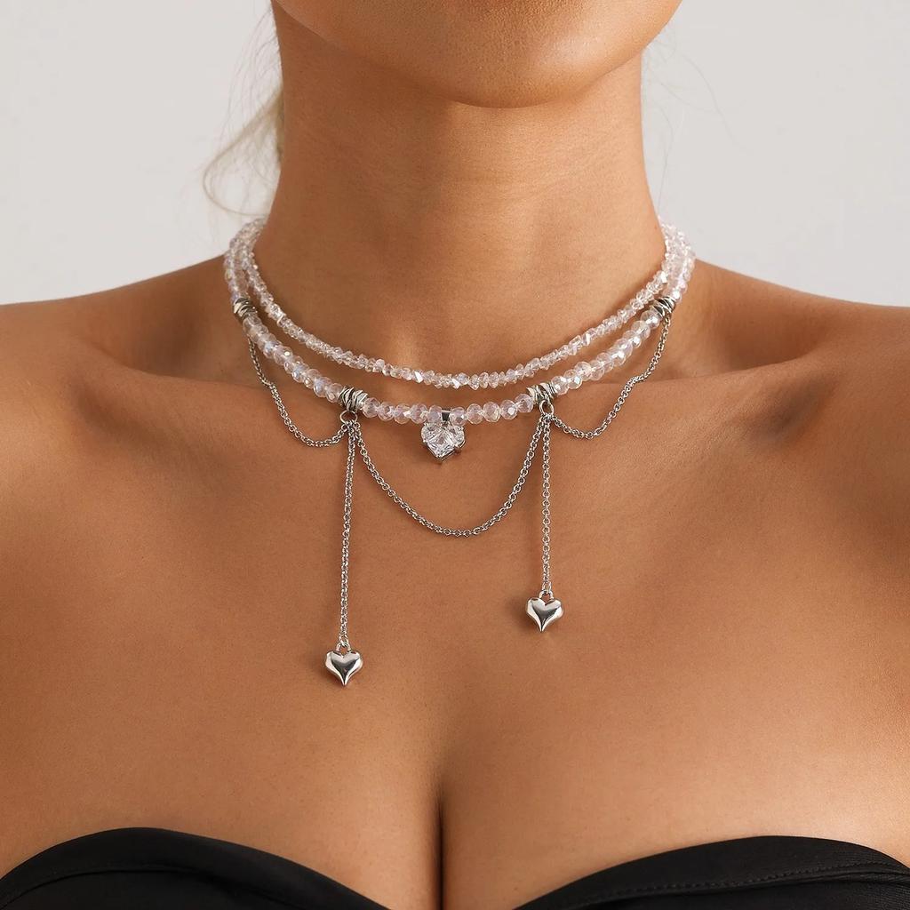 Y2K Choker Necklaces Heart Pendant Chain Jewelry Women Glass Multilayer Neck  for Girls Women Collier Femme Cadenas Para Mujer