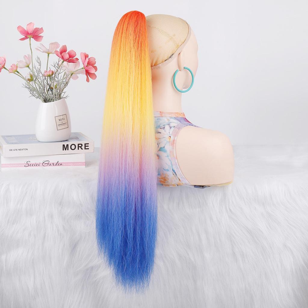 Ponytails Hair Extension Long Yaki Straight Hair Ponytail Rainbow Color Hairpiece Claw Clip on Hair Tail for Ladies
