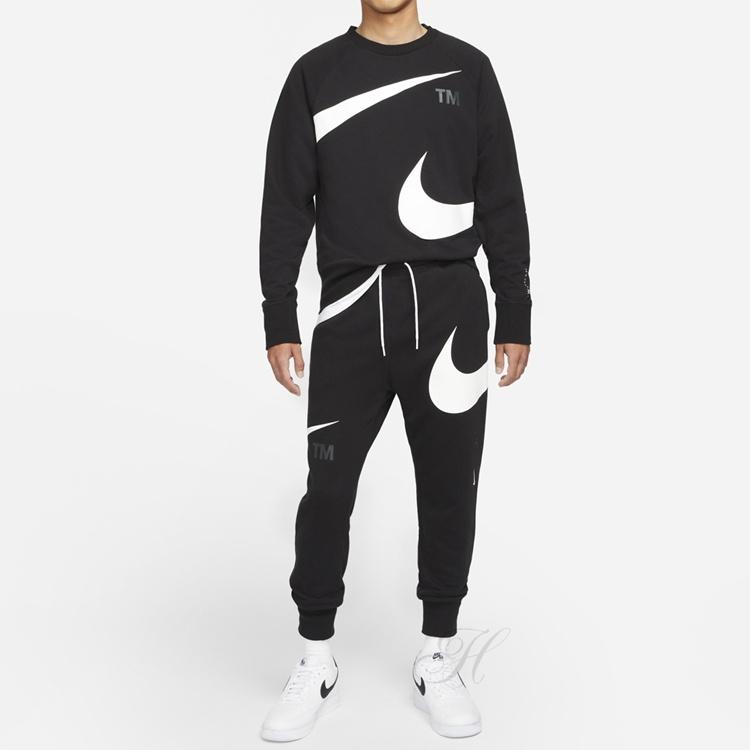 Men's Nike Swoosh Ft Crew Large Logo Printing Knit Round Neck Pullover Autumn Black DD6097-010