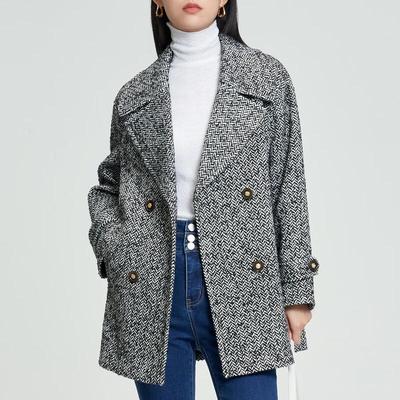 She Tu Damen Mittellanger Zweireihiger Wollmischungs-Mantel