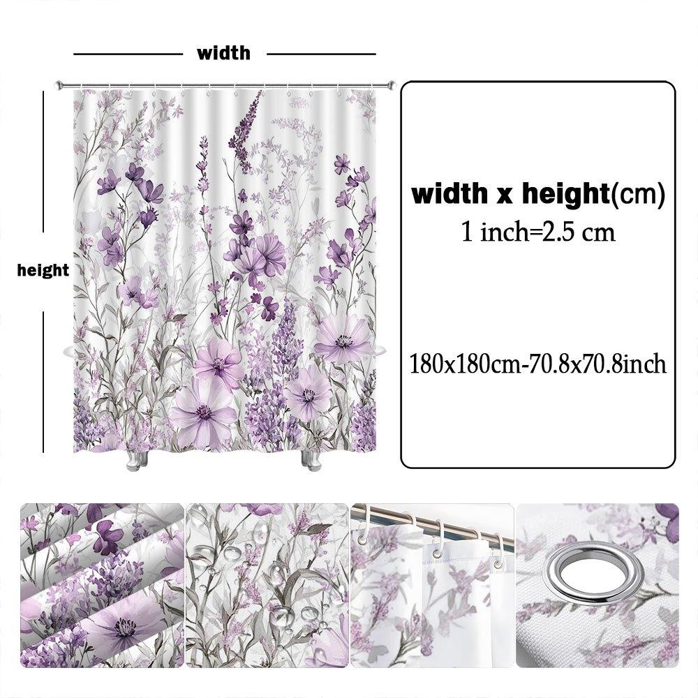 1-Pack Pastel Floral Cosmos Shower Curtain - Purple and Lavender Ombre Botanical Print Polyester Fabric, Hooks, Machine Washable