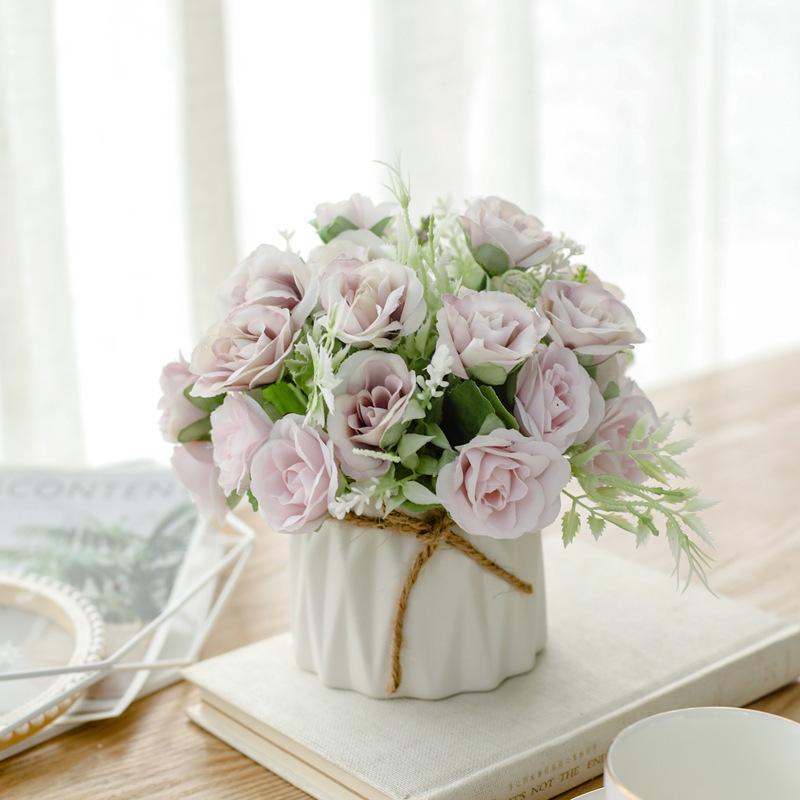 Artificial Flowers with Small Ceramic Vase Faux Roses Plants Eucalyptus Leaves Berries Flower Arrangements Decorations for Home