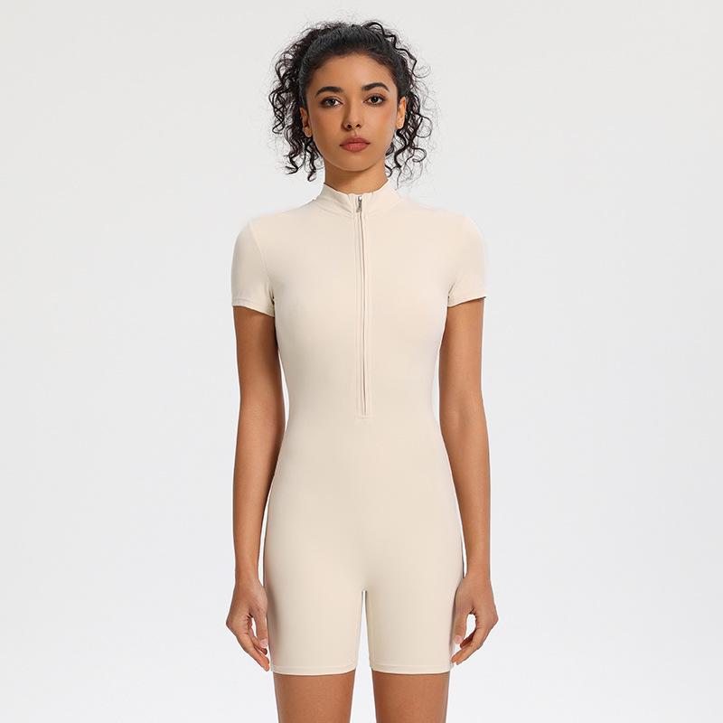 

Боди с коротким рукавом и молнией до середины, телесного цвета: Женская одежда для йоги, танцев и бега Small