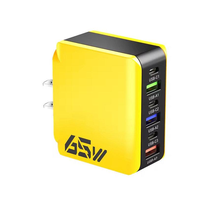 

65 Вт USB C Настенное зарядное устройство Быстрая зарядка 6 портов Адаптер Quick Charge 3.0 для iPhone 13 14 15 Xiaomi Samsung Oppo Mobile Вилка США/ЕС US Plug жёлтый