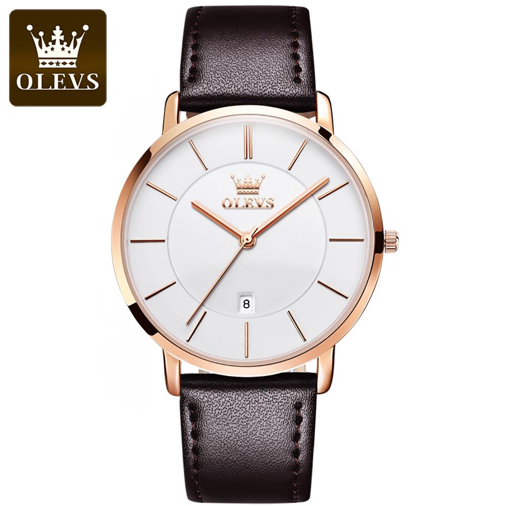 OLEVS 5869 Ultra Thin 6.5mm Quartz Watch for Men Fashion Leather Strap Simple Luxury Auto Date Clock Waterproof Men's Wristwatch