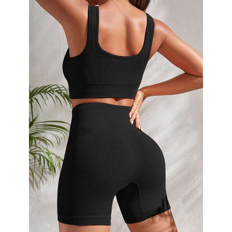 Nahtlose gerippte Yoga-Sets, Workout-Sets für Frauen, 2-teilig, Fitnessstudio-Anzüge, geripptes Crop-Tanktop, Shorts mit hoher Taille, Outfits für Fitness und Laufen