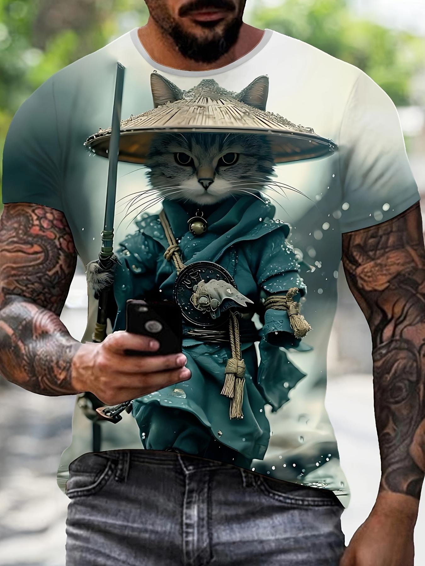 

Мужская футболка с 3D-принтом Samurai Cat - повседневная футболка с коротким рукавом и круглым вырезом для летней уличной моды 6XL