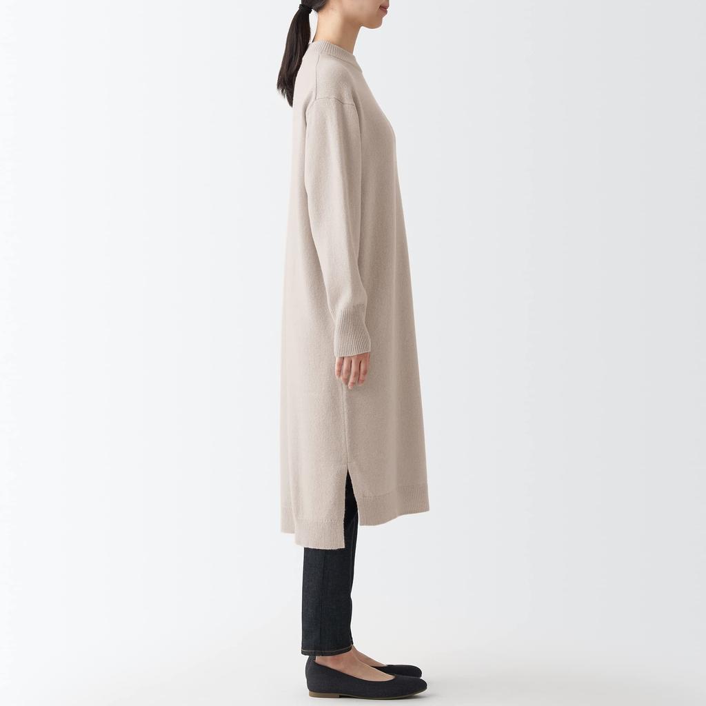 MUJI Women's Mid-Gauge Wool Mock Neck Dress, Sand Beige, Size M (BAJ11A2A)