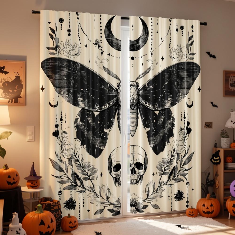 2PCS Digital Print Curtains, Gothic Moon Moth Floral, Gothic Mystic