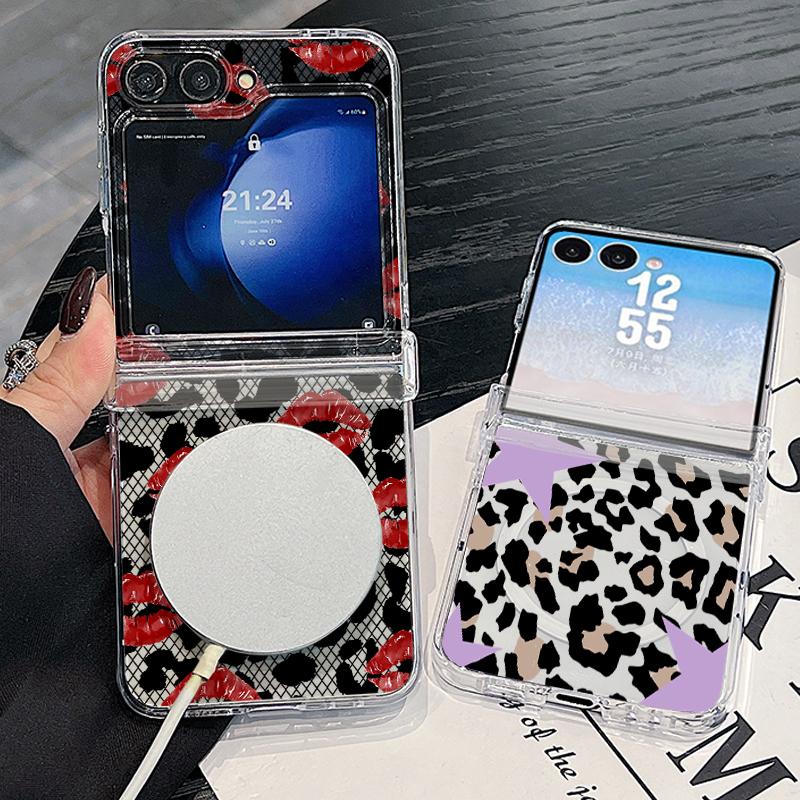 With Hinge Magnetic Phone Case For Samsung Z Flip 8 7 FE 6 5 4 Creative Leopard Print Hard Folding Phone Cover For Galaxy Z Flip8 Flip7 Flip6