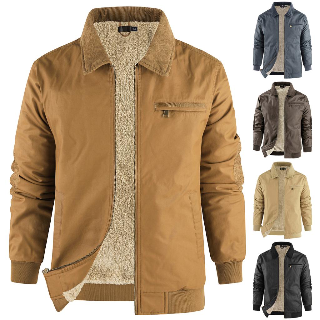 Men's Solid Color Zipper Pocket Work Jacket Men's Casual Trucker Fleece Jacket
