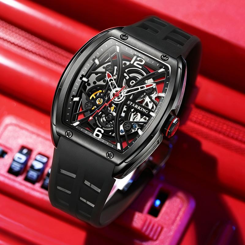 STARKING Men's Automatic Mechanical Watch Waterproof Wear-resistant Luminous Tonneau Watch Silicone Strap Casual Sport Watches