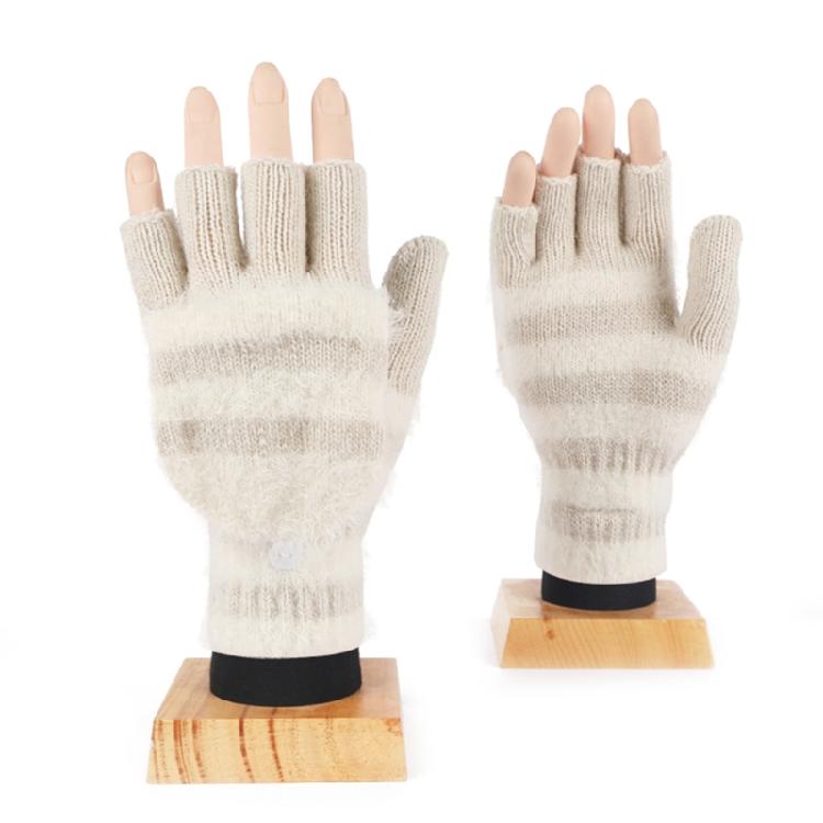 Striped Pattern Glove Plush Fingerless Mittens with Flip Top Knitted Gloves