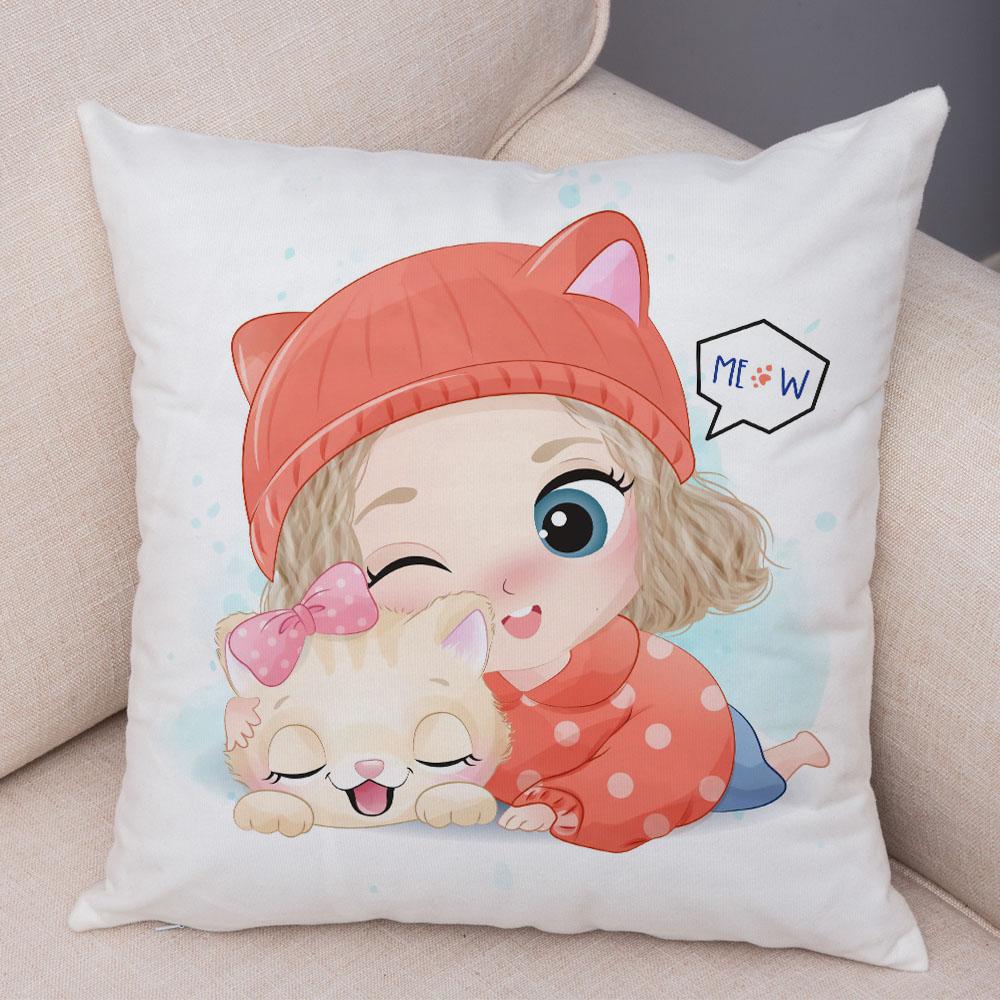 Lovely Girl and Cat Pillowcase Decor Cute Cartoon Child Cushion Cover Pillow Case for Children Room Sofa Home Car 45x45cm