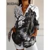 Women's Halloween 3D Witch Bat Print Blouse 2025 Autumn Fashion Long Sleeve Tops Trendy Loose Casual Lapel Party Shirts
