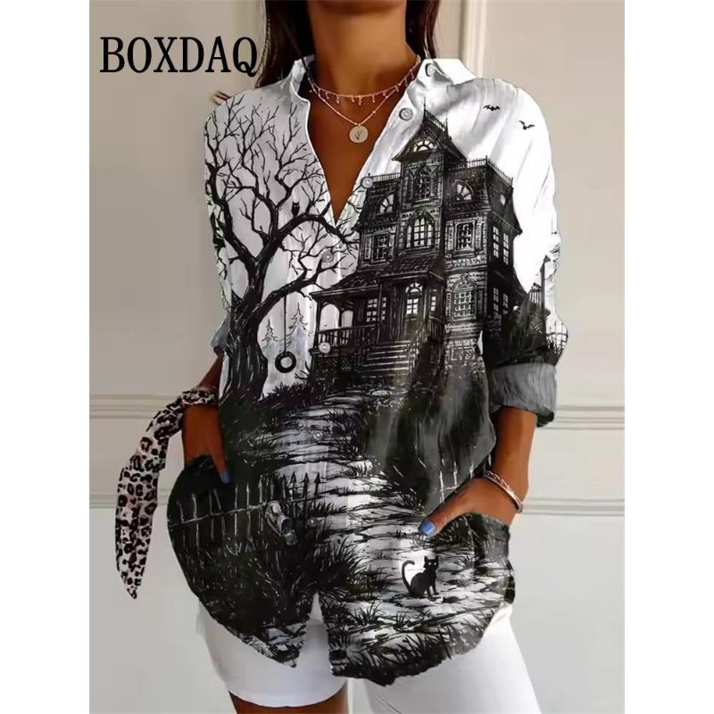 Women's Halloween 3D Witch Bat Print Blouse 2025 Autumn Fashion Long Sleeve Tops Trendy Loose Casual Lapel Party Shirts
