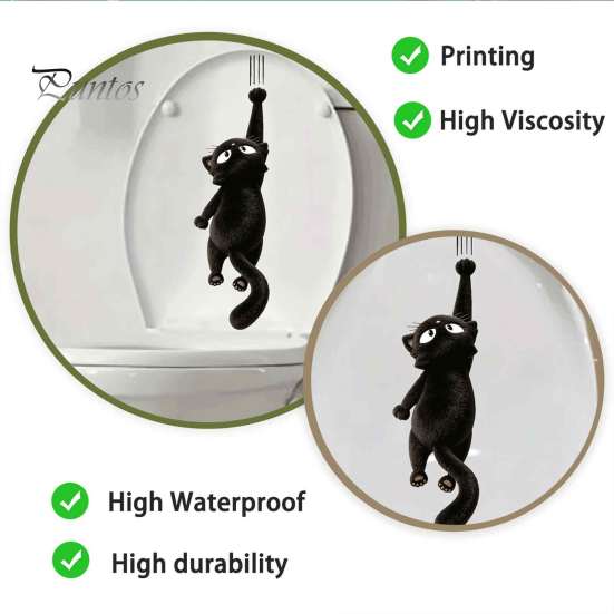Bathroom Toilet Decals Furry Black Cat Seat Sticker, Waterproof PVC Decal, Removable Pattern Cute Animal Wall Art for Tank And Lid Decoration Humorous