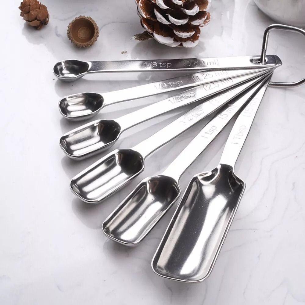 6Pcs Stainless Steel Measuring Spoons with Scale Kitchen Utensil Rectangular Head Cooking Baking Spoon Portable Milk Powder argento