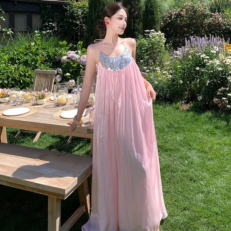 Birthday Party Vacation Pink Fairy Dress Beaded Sequins Beautiful Beach Dress Suspender Dress