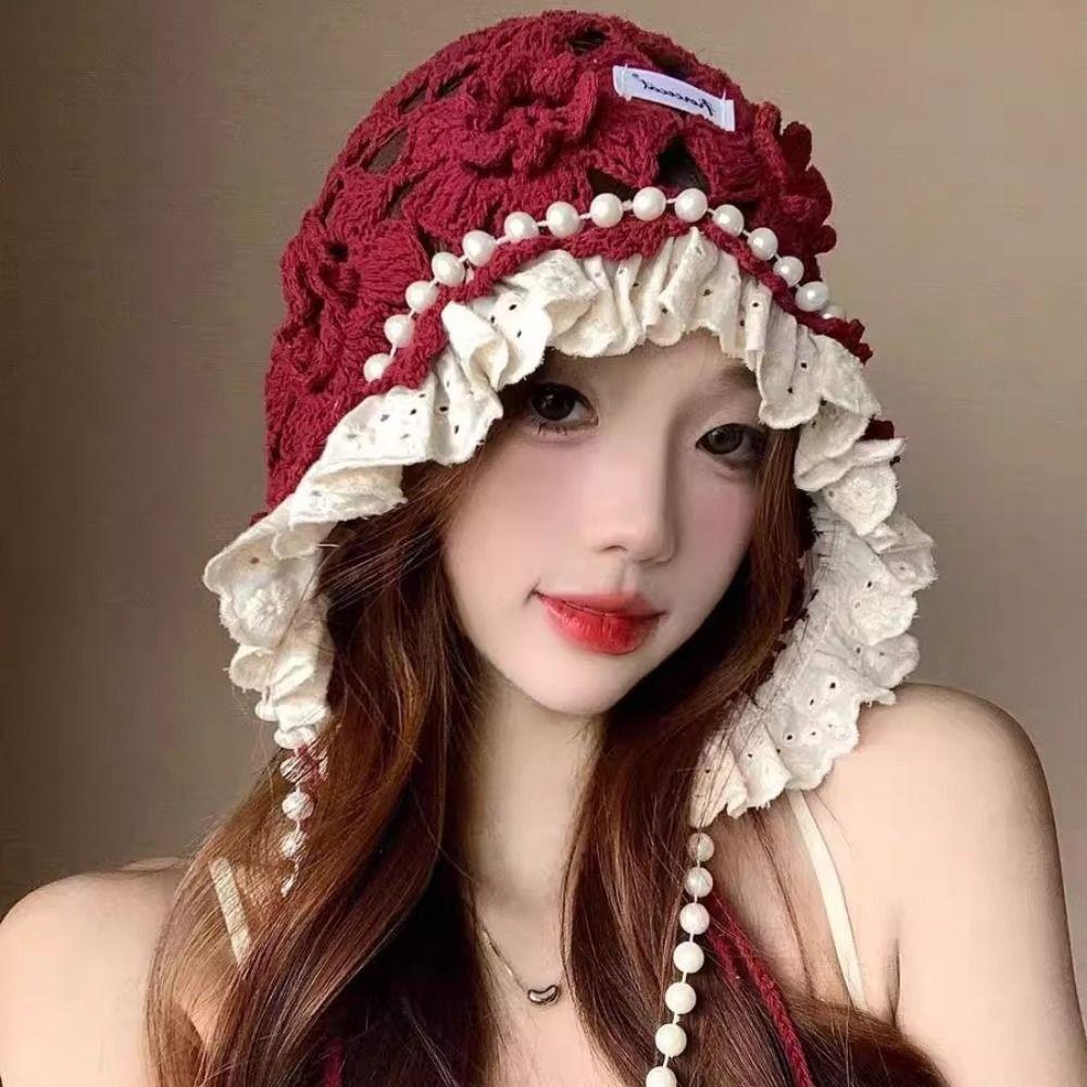 Bohemian Style Lace Beanies Hollow Out Knit Cap Crochet Flower Knitted Hat  Apparel Accessories