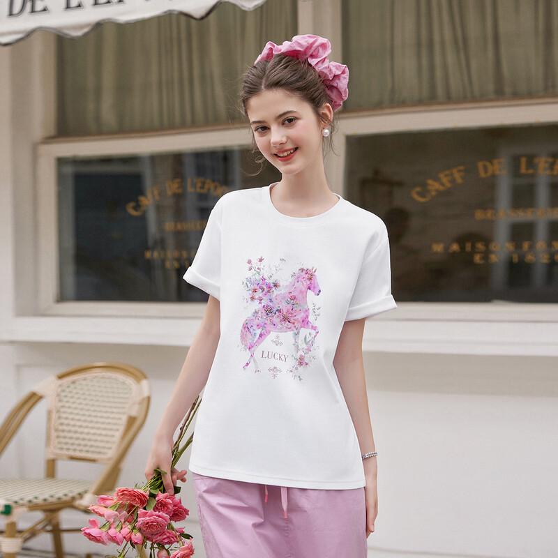 Bailuyu Floral Horse Pattern Glitter Knit T-Shirt XL белый