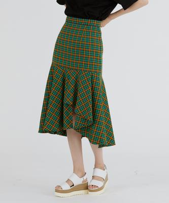 Modern Able Asymmetrical Flare Check Skirt - Green
