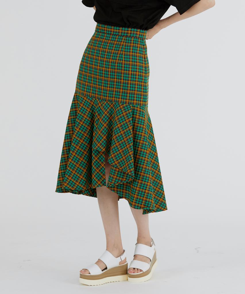 Modern Able Asymmetrical Flare Check Skirt - Green