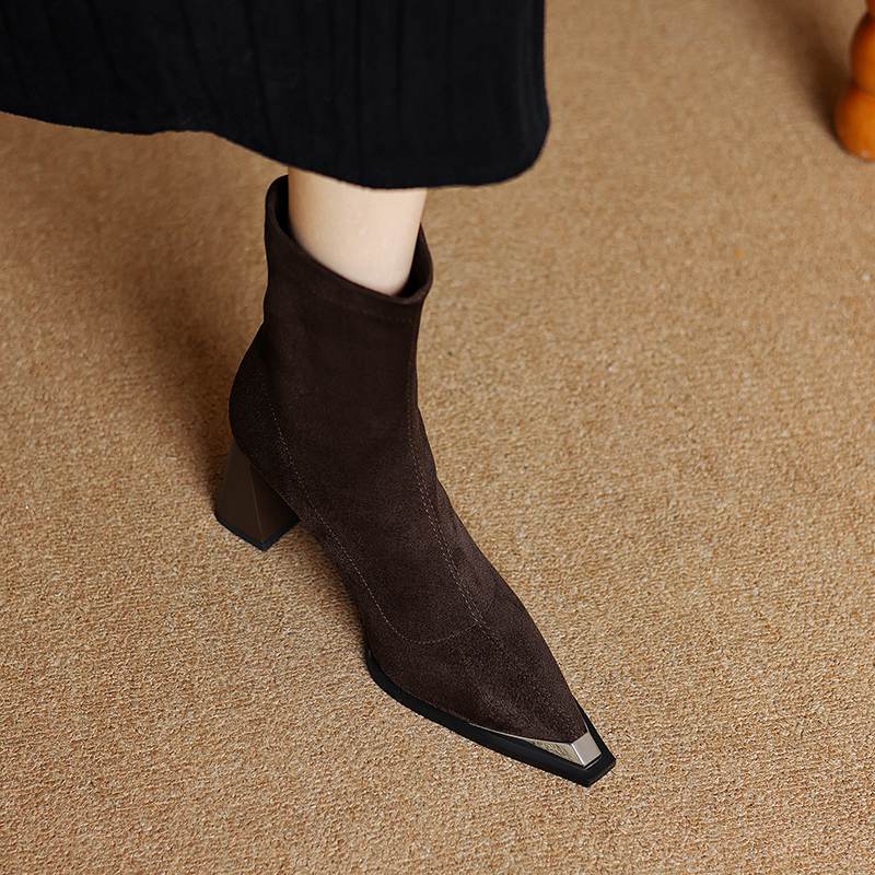 Krazing Pot Flock Autumn Winter Shoes Metal Decoration Thick High Heels Big Size 40 Modern Boots Square Toe Keep Warm Slip On Ankle Boots