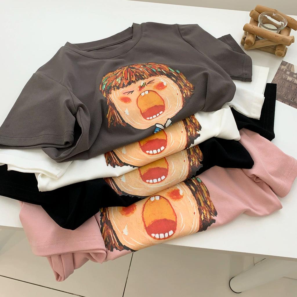 Summer Pure Cotton T Shirts Women's O-neck Short-sleeve Funny Cartoon T-shirt Casual Elastic Skinny Y2k Crop Tops Women Clothes