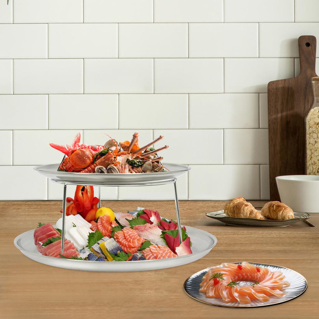 Set di Piatti da Portata per Frutti di Mare a 2 Piani, Vassoio Rotondo in Metallo da 20 cm e 25 cm con Supporto, Piatto d'Argento per Antipasti, Vassoio per Sushi, Piatto da Festa