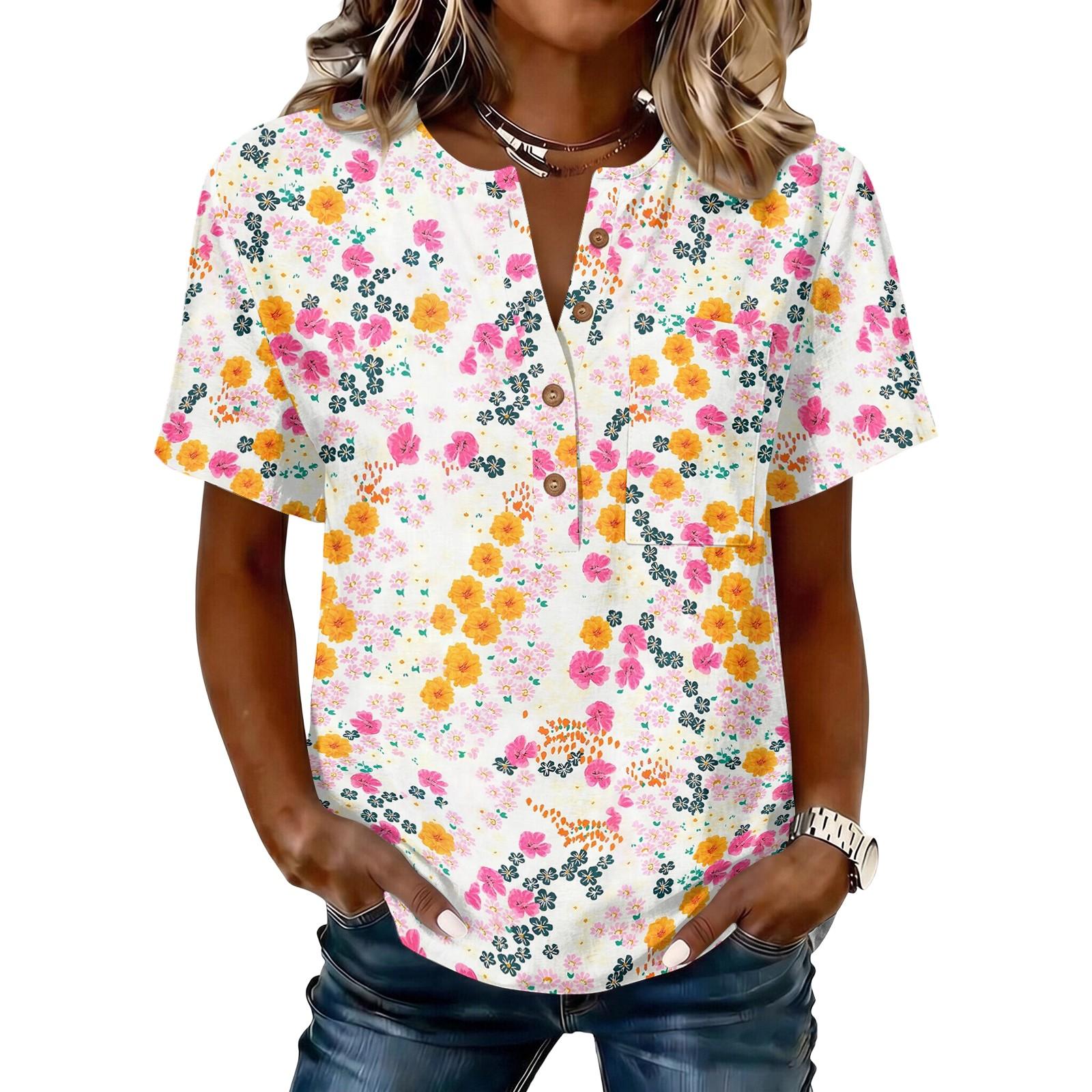 Women’s Vintage Floral Print Henley Button Neck Short Sleeve Cotton Linen Shirt Casual Loose Fit Blouse Top for Summer XL красный