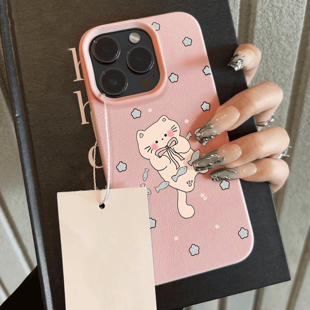 Cute Cartoon Cat Phone Case For iPhone 16 Pro Case iPhone 11 12 13 14 15 Pro Max 16 Plus Soft Litchi Pattern Leather Cover Funda