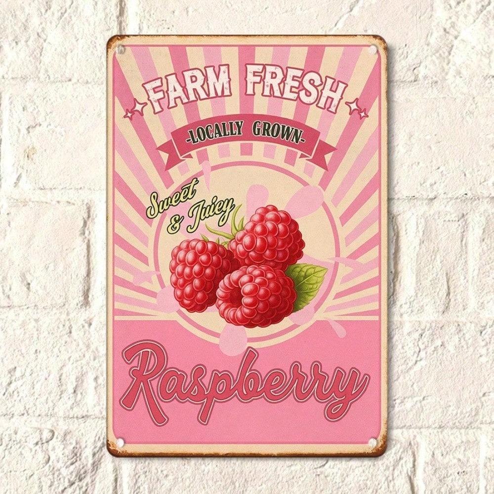 1pc Retro Farm Fresh Raspberries Tin Sign 12x8 Inch, 2D Flat Metal Plaque Vintage Food Wall Decor for Kitchen Bar Cafe