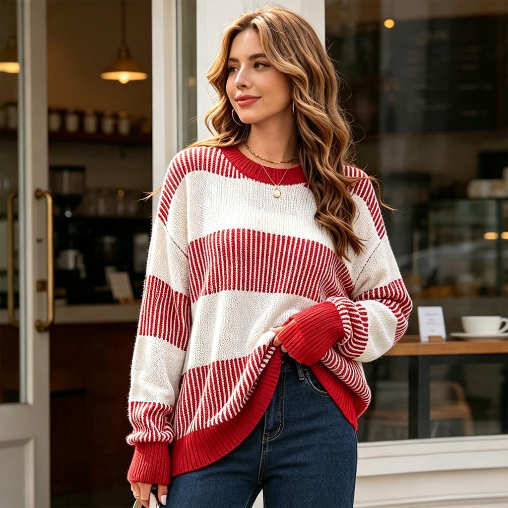 Women's Loose Fit Woven Sweater with Color Block Stripes - Casual Long Sleeve Pullover for Fall Winter