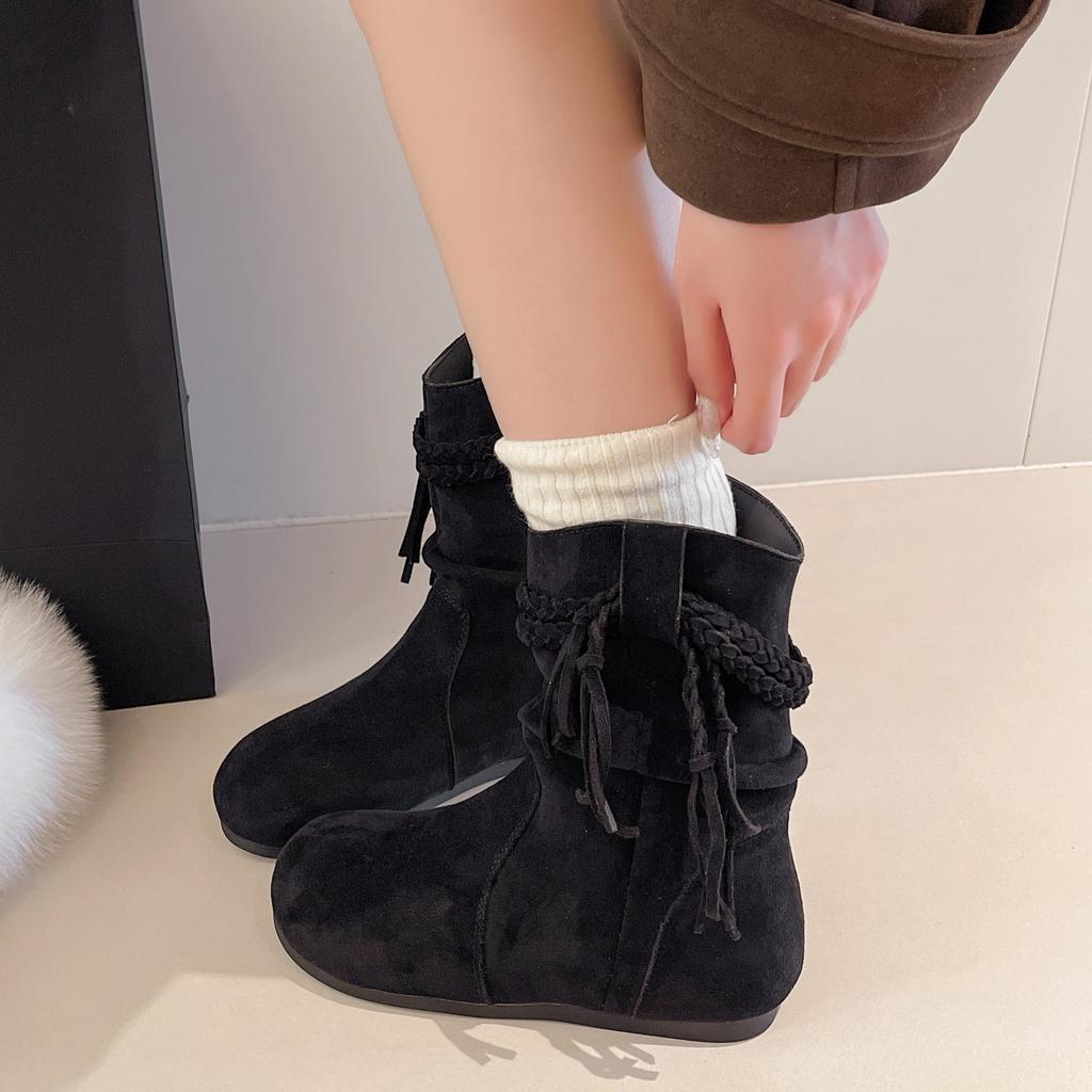 2025 autumn and winter new large size heightened retro fringed stacked small short boots women's round head medium tube pleated Martin boots